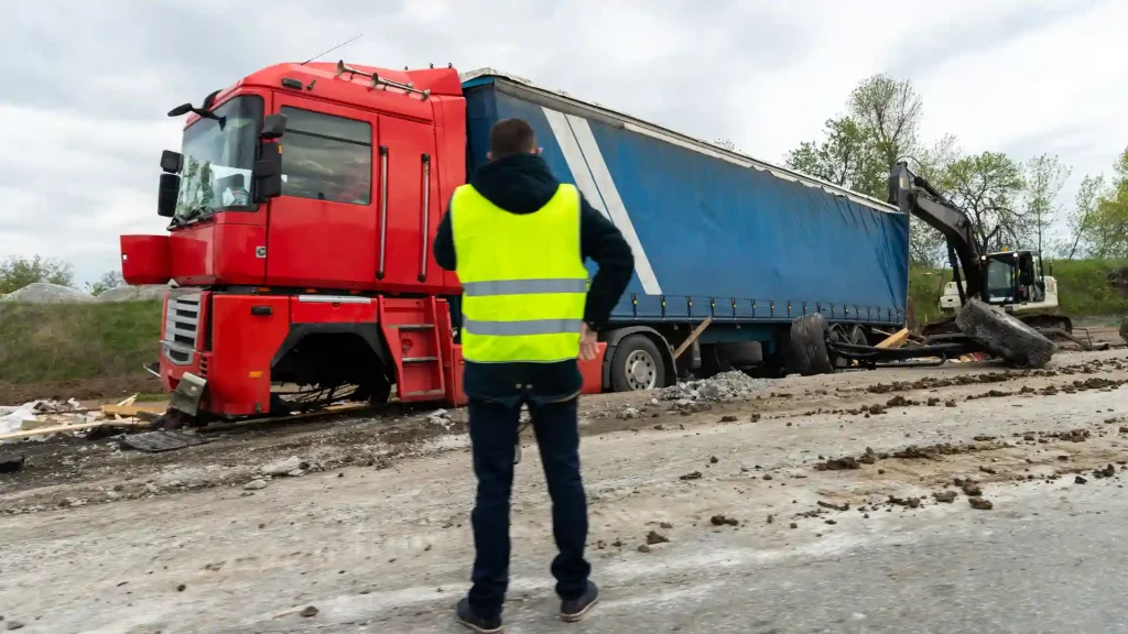 Man in a high-visibility vest observing a red and blue truck on a damaged road